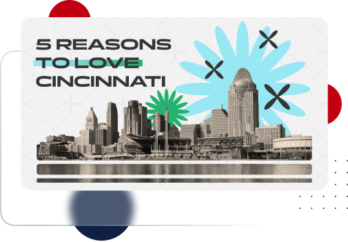 A stylized black and white image of the Cincinnati skyline serves as the backdrop, with bold text proclaiming "5 Reasons to Love Cincinnati." Colorful graphic elements in teal and green, including star shapes, give it a vibrant design perfect for a dynamic PowerPoint presentation.