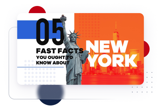 Graphic design featuring "05 Fast Facts You Ought to Know About New York" text. The layout showcases the Statue of Liberty on the left, set against a reddish-orange background with a silhouette of New York City on the right, perfect for your next PowerPoint presentation.