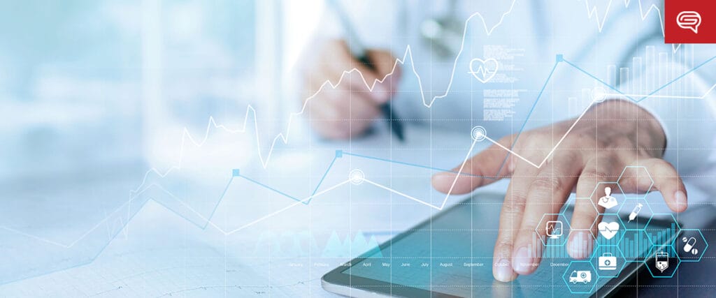 A person using a tablet with medical-themed icons and graphs overlaid, suggesting healthcare data analysis or digital health technology—bridging consumer electronics with innovative solutions.