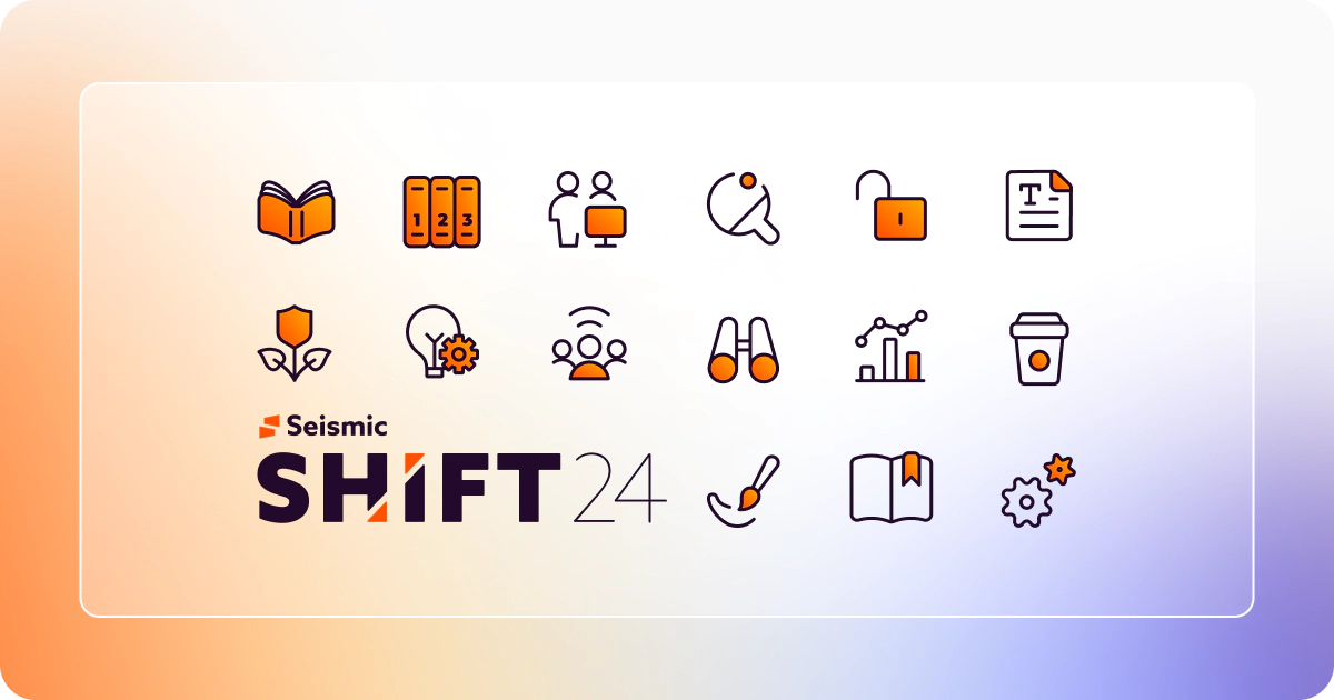 A rectangular image showcases simple icons like a book, documents, people, and more on a gradient backdrop. Above the text "Seismic SHIFT 2023," these symbols reflect the theme of the seismic shift conference 2023—innovation and knowledge in focus.