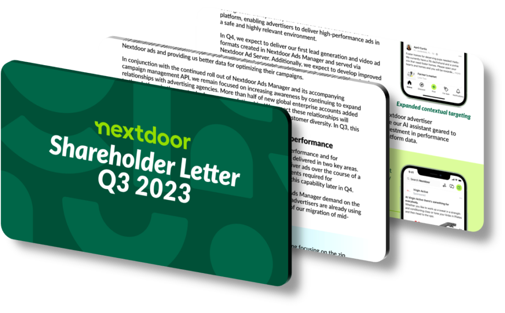 Image of three overlapping documents. The front document, on a green background with circular patterns, is titled "Nextdoor Shareholder Letter Q3 2023," hinting at an insightful presentation. Behind it, partially visible pages reveal text and diagrams in a clean layout.