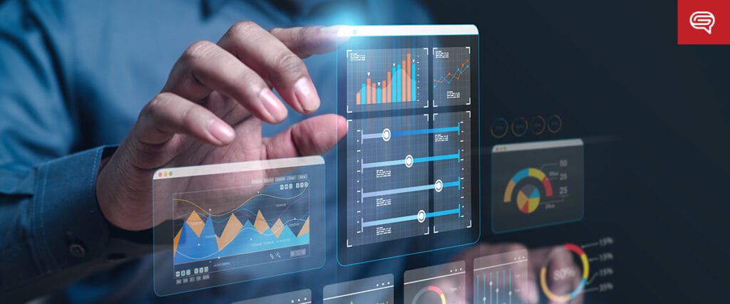 A person navigates a futuristic, transparent digital interface showcasing advanced data analysis, reminiscent of seed funding round presentations. The display includes line charts, bar charts, and pie charts that vividly illustrate key visualizations and trends.