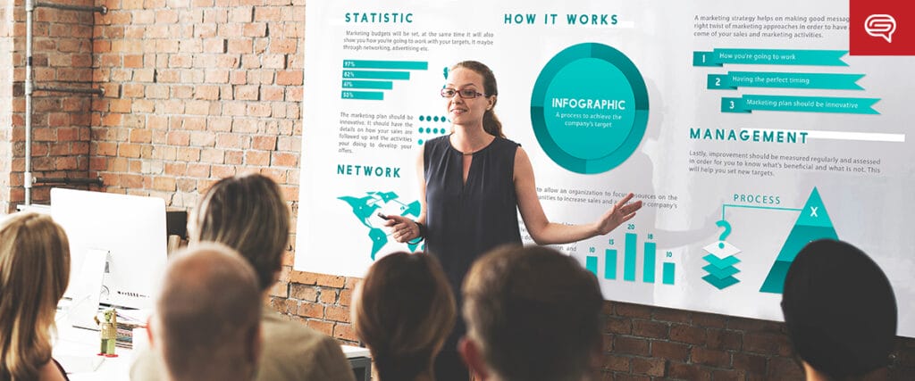 A woman in glasses gives a presentation to an audience, pointing at a large infographic on a whiteboard. The board, perfect for consulting firms, displays colorful charts and diagrams on client experience, statistics, processes, and management against a modern brick wall backdrop.