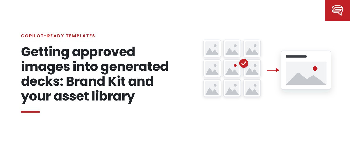Getting approved images into generated decks: Brand Kit and your asset library: a grid of approved images with one checked and an arrow into a slide