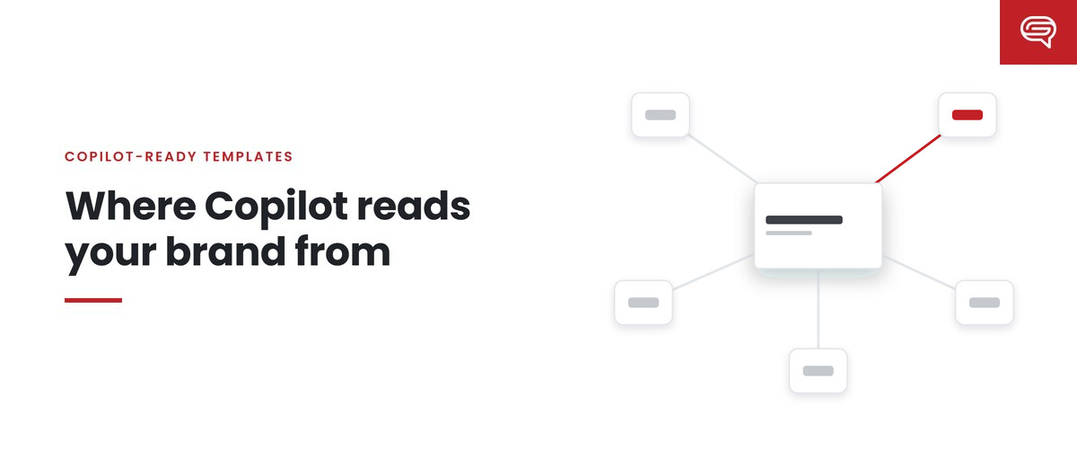 Where Copilot reads your brand from: a map of the five inputs: a slide at the center of five connected input nodes, one of them red
