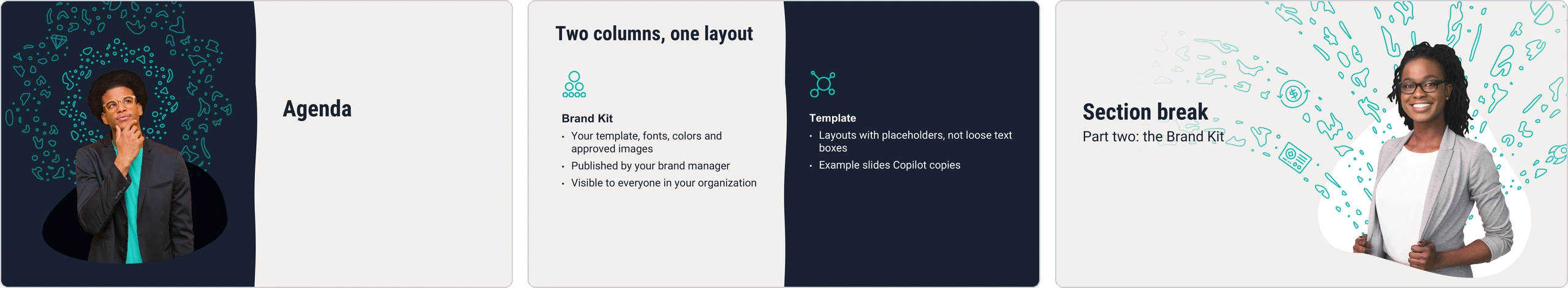 Three example slides: an agenda, a two-column layout on the Brand Kit and the template, and a section break.