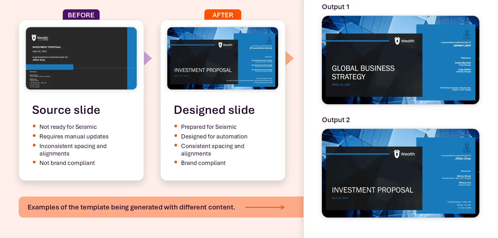 Before and after: a source slide, the automation-ready designed slide, and two generated outputs