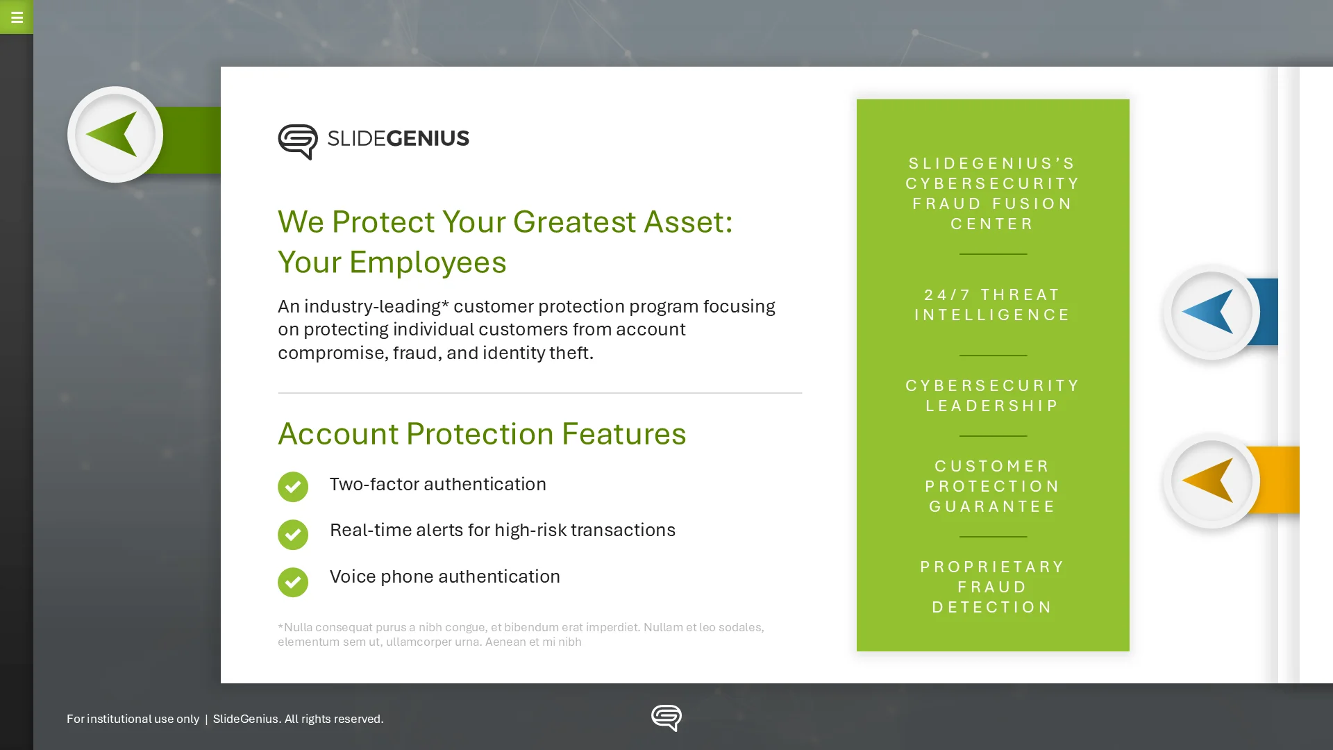 An interactive deck slide with side navigation arrows and a tabbed menu