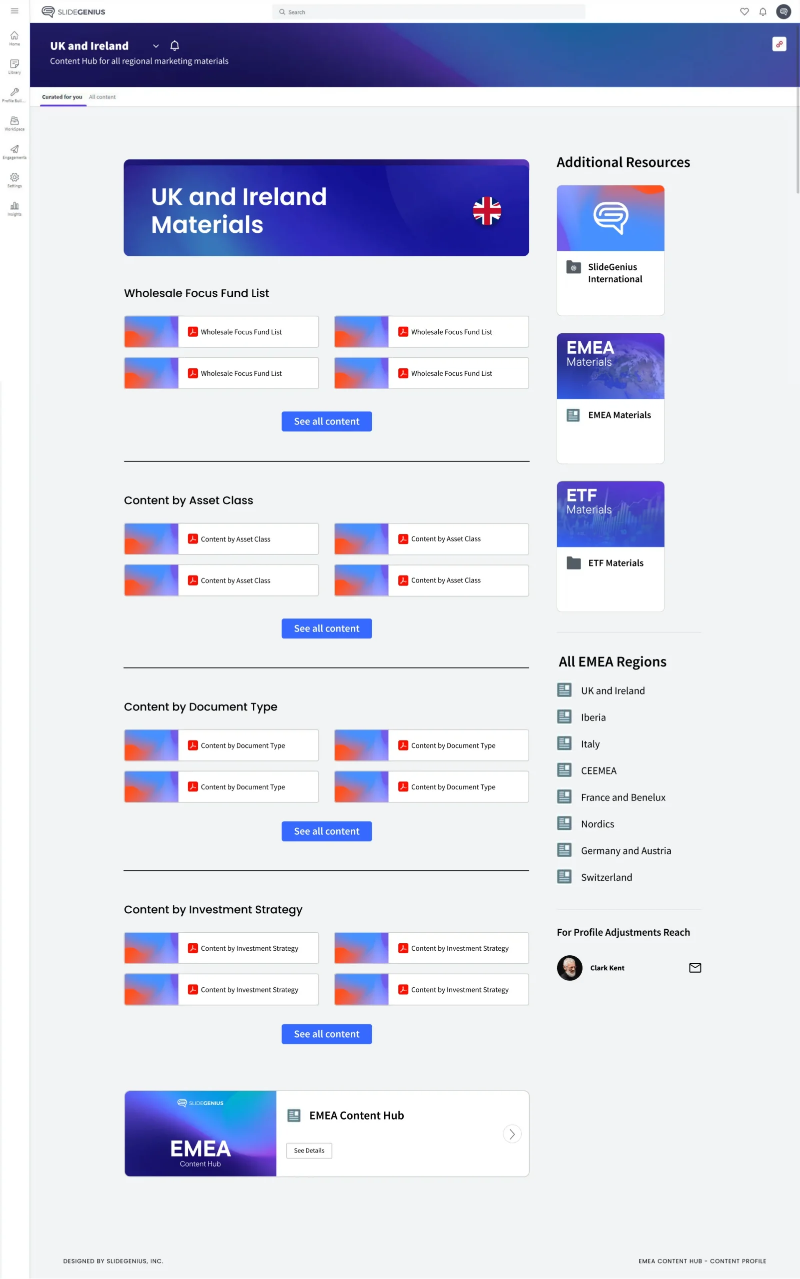 A regional Seismic landing Page with content grouped by asset class, document type and strategy